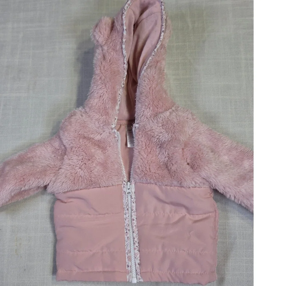 Carters Just One You Baby Girls Pink Faux Fur Puffer Jacket Hooded Ears 3M NEW